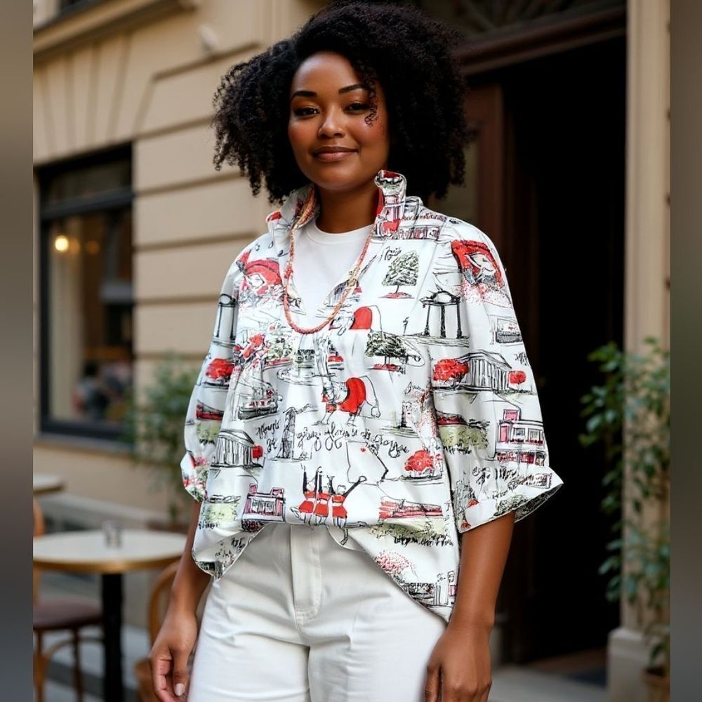 Ruffled All-Over Random Print Spring And Summer Lightweight Puff Sleeve TOP XXL